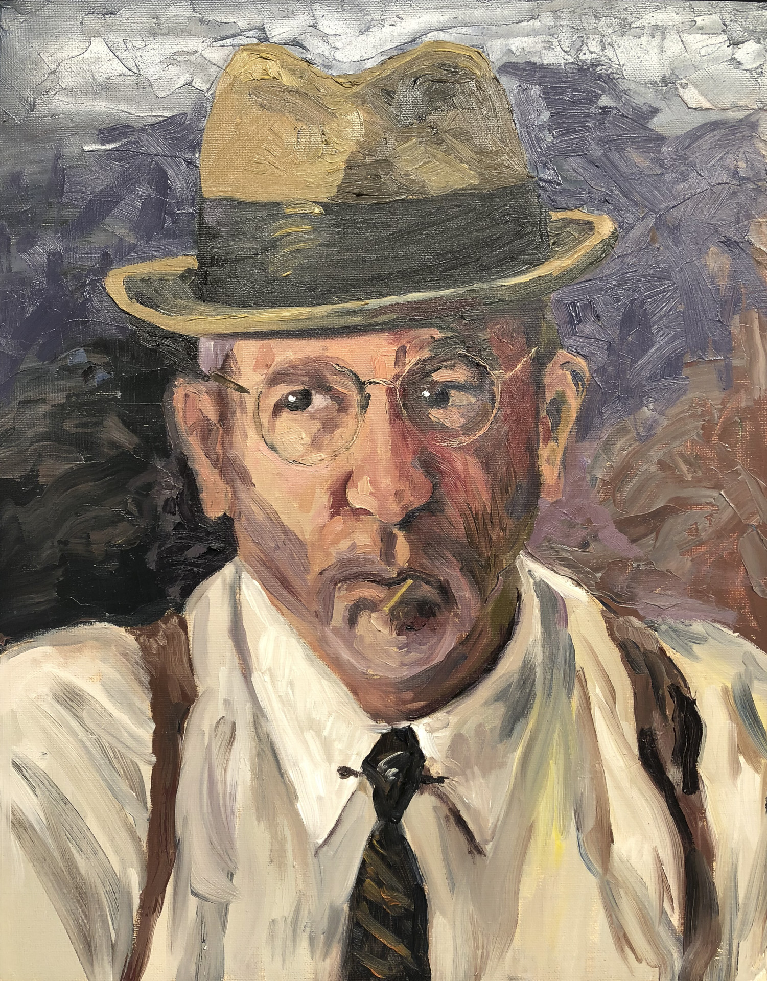 Oil painting of a 1940's gangster wearing round glasses, a hat, white shirt with black tie and suspenders